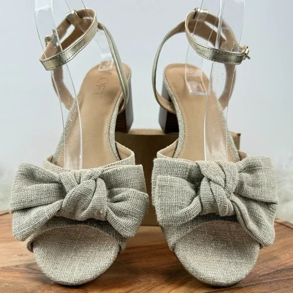 LOFT Beige Woven Bow Block Heel Ankle Strap Sz 9.5M Sandals Gold Shimmer Party - Picture 12 of 12